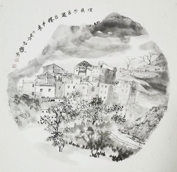 樊玉霞作品9  理县沙吉藏寨《云中古藏寨新貌》38X38cm   2019年